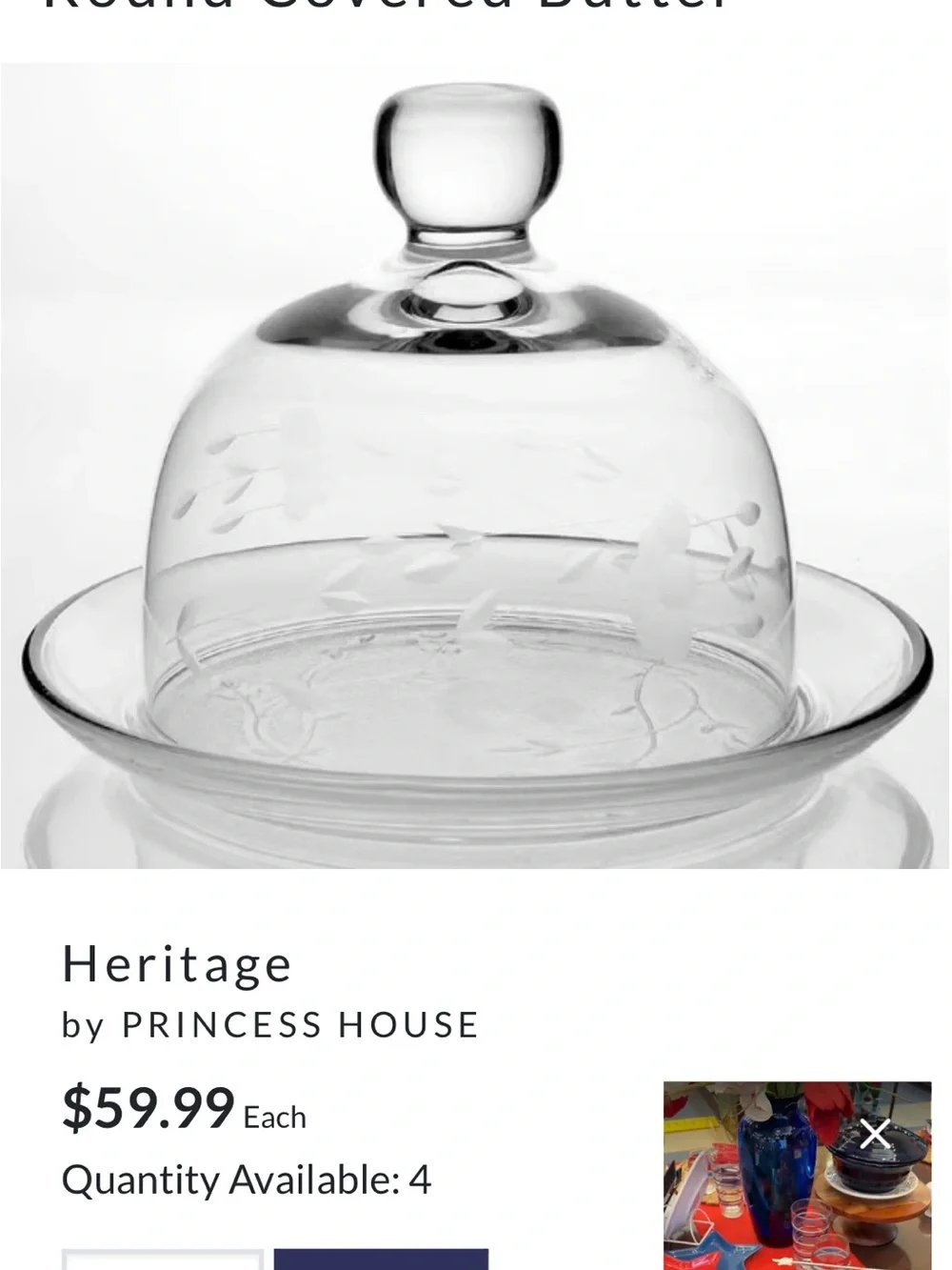 Princess House Clear Etched Floral Glass Dome Butter Dish